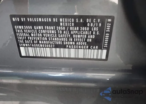 2019 Volkswagen Golf 1.4T S/1.4T Se z USA, uszkodzony, nr VIN 3VWW57AU8KM030527